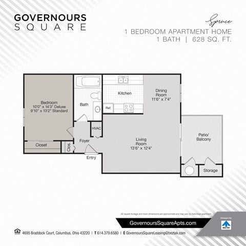 Floor plan for 1 bed, 1 bath, 628 sqft
